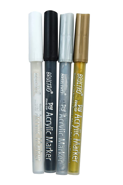 Brustro Acrylic (DIY) Fine Tip Marker Set of 4 - Gold, Silver, Black, White 0.8MM | Reliance Fine Art |Illustration Pens & Brush PensMarkersPaint Markers