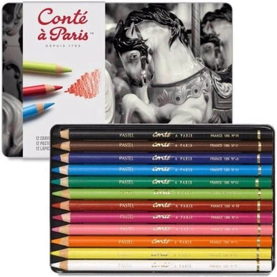 Conte Pastel Pencil Sets - 12 Assorted Colors in a Tin Box