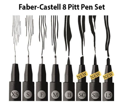 Faber Castell Pitt Artist Pen Set of 8 Assorted - Black | Reliance Fine Art |Illustration Pens & Brush Pens