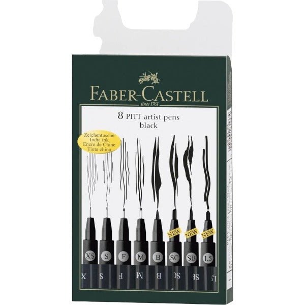 Faber Castell Pitt Artist Pen Set of 8 Assorted - Black | Reliance Fine Art |Illustration Pens & Brush Pens