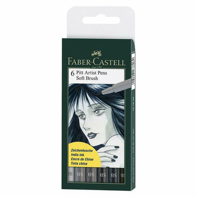 Faber Castell Pitt Artist Pens Soft Brush Set of 6 - Grey Scale | Reliance Fine Art |Illustration Pens & Brush Pens